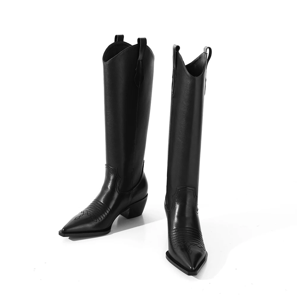 

WETKISS 2020 Knee High Boots for Women Genuine Leather Western Boot Chunky Heel Embroider Shoes Warm Keep Autumn Winter Boots