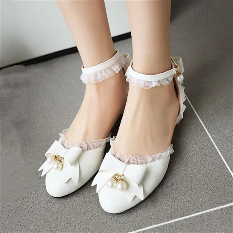 Женские свадебные туфли PXELENA в стиле &quotЛолита&quot с бантиком белые кружевные