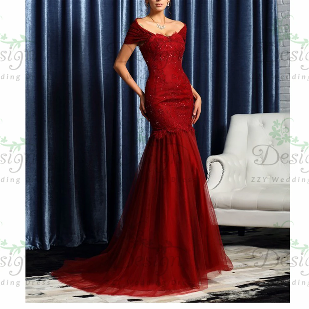 

Real Images Red Lace And Tulle Beading Sequins Sheath Sweep Train Sheath Dresses Women Casual Dresses Women Wedding Guest Dress