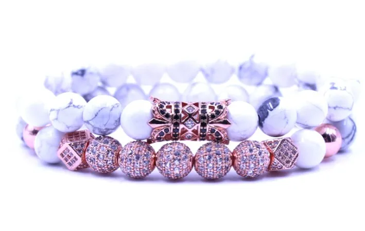 8mm 2PCS/Set rose gold tdsrf2 elastic adjusted nature white Howlite bead micro pave cz zircon cubic zirconia tube Bracelet | Украшения и