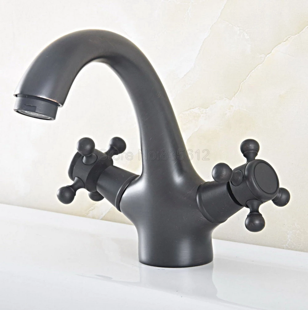 

Deck Mounted Basin Faucet Dual Handle Bathroom Black Oil Rubbed Bronze Finished Sink Faucets Hot and Cold Water Mixer Tap tsf824
