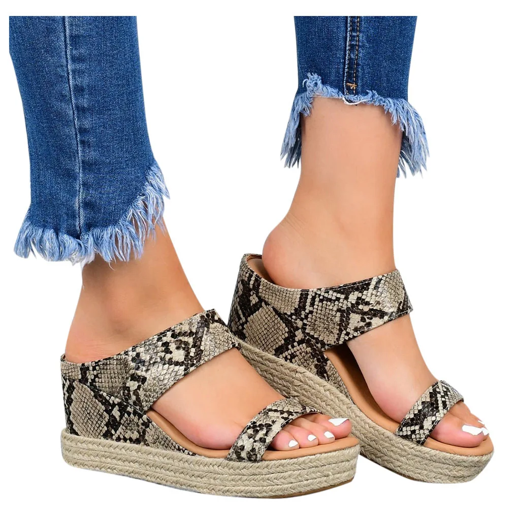 

2020 New Women Straw Padded Sole Plus Size Sandals Snake Ladies Open Toe Shoes High Heels Slippers Women