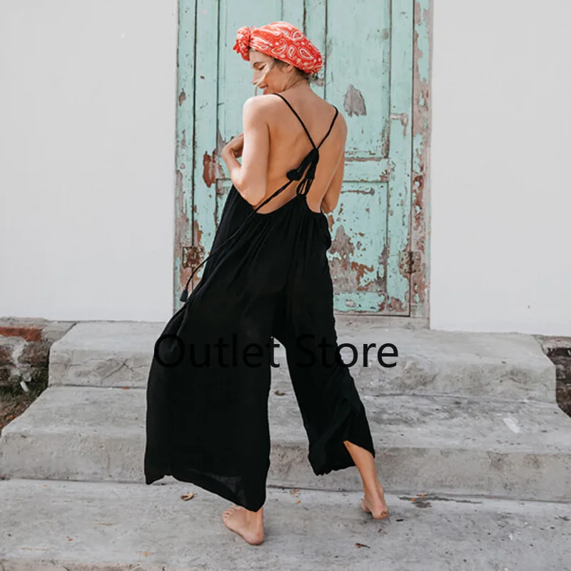 

New Women's Bodysuit Sleeveless Strapless Straps Solid Color Long Jumpsuit Loose Halter Female
