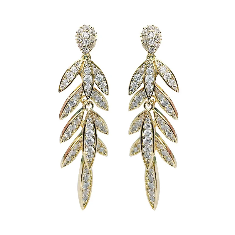 

New Light Luxury Metal Leaf Zircon Tassel Earring Fashion Jewelry Silver Needle Advanced Long Korean Dainty Ear Stud Women Girl