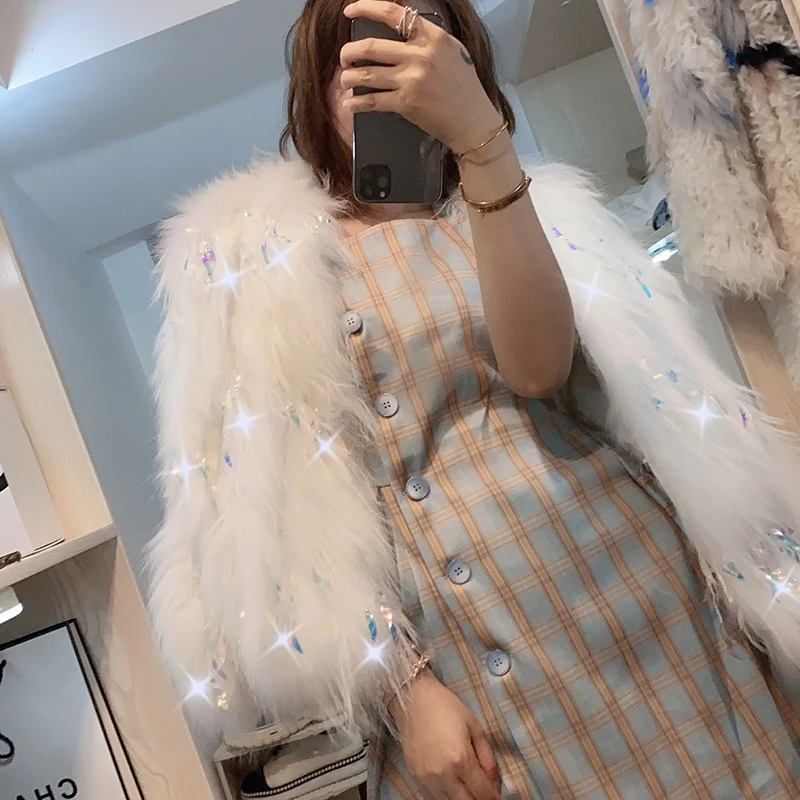 RosEvans Winter Personality Sequin Fashion Women Real Fur Jacket Net Red Coat Female White Raccoon Fur Strip Tassel Jacket 2020