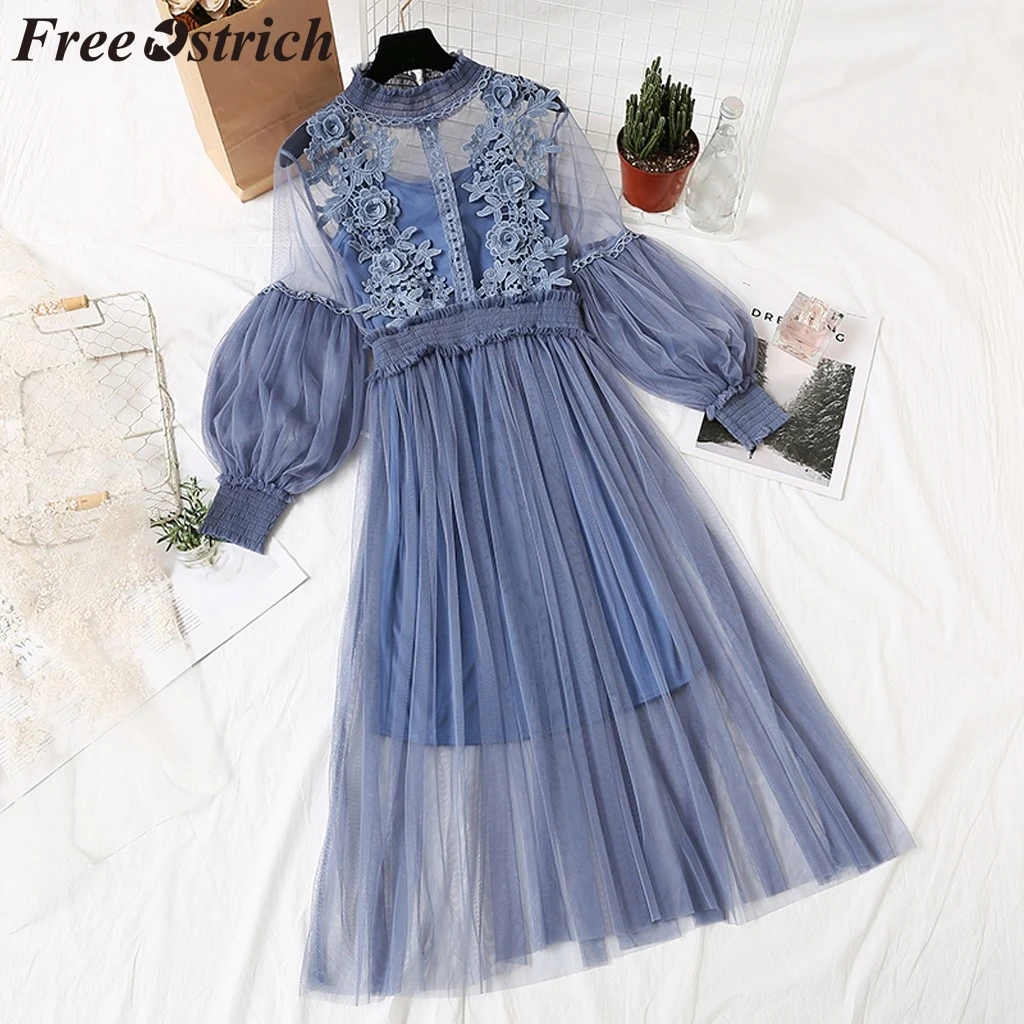 Бесплатная страусиное зимнее платье женское Сетчатое кружевное с вышивкой и