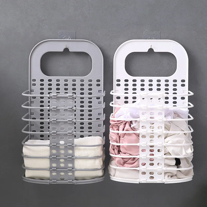 

Upgraded Plastic Dirty Laundry Basket Foldable Home Dirty Hamper Sturdy Handle with 2 No Drilling Hooks