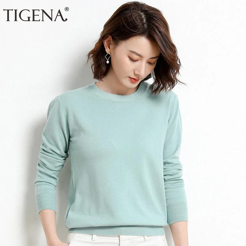 TIGENA 2019 Autumn WInter Pullover Sweater Women Korean Long Sleeve Female Knitted Tops Jumper Ladies Green Blue Yellow | Женская одежда