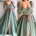 Мятно-зеленое мусульманское вечернее платье 2021 с рукавом до локтя, с высоким разрезом, кружевом, бисером, ТРАПЕЦИЕВИДНОЕ, Дубай, арабские вечерние платья, длинные платья для выпускного вечера