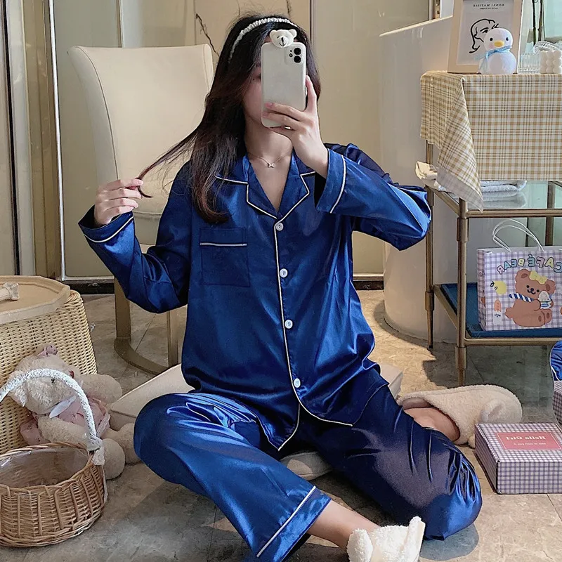 

Summer women's silk satin pajamas lapel cardigan double long pajamas suit women's sleep two-piece suit ladies home wear pajamas