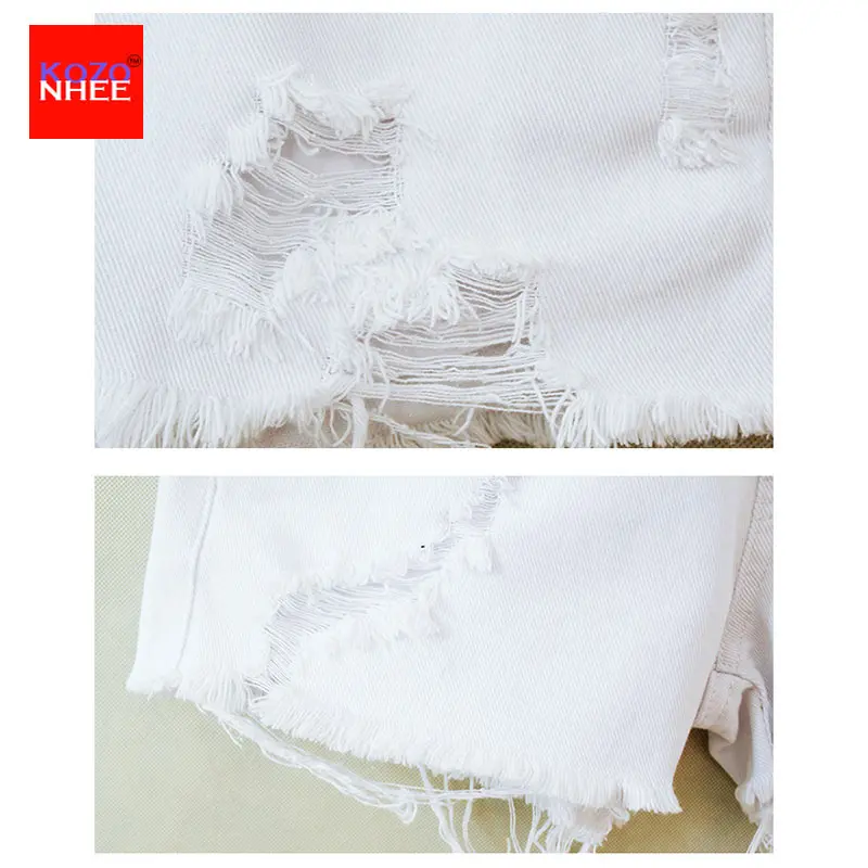 Летние белые джинсовые шорты с дырками и высокой талией женские свободные рваные