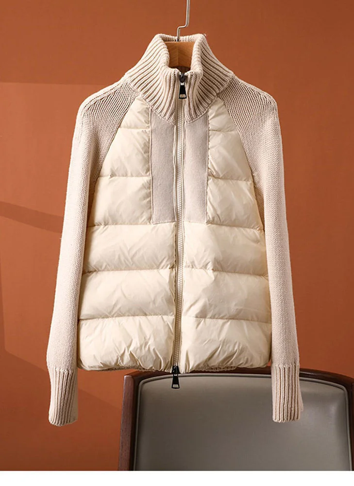 

2021 New Autumn Winter Women Stand Up Collar Cotton Padded Coat Parka Knitted Patchwork Jacket Winter Coats
