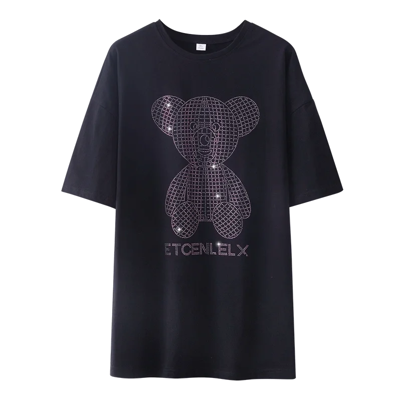 

Fashion Cartoon Diamond Glitter Bear Women's T-Shirt Cotton Short Sleeve 2021 Summer New Oversized Women's Top