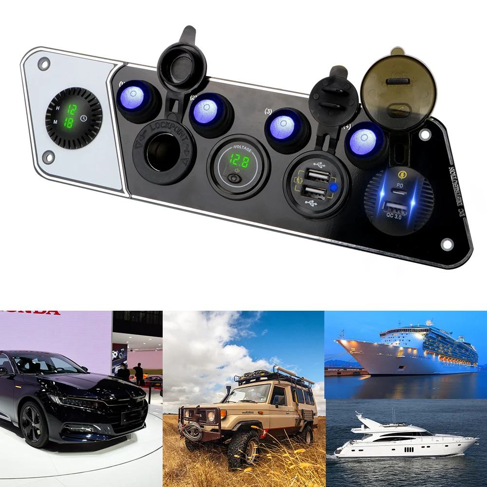 

Cigar Lighter for Car Marine 4 Gang Switch Panel Charger Socket QC3.0 PD Dual USB Digital Voltmeter Clock Waterproof 12-24V 36W