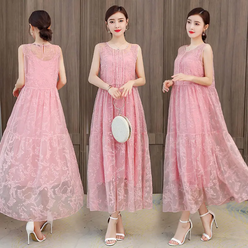 

Fashion 2021 New Summer Dress Plus Size Women's Sleeveless Holiday Beach Dress Mid-Length Embroidery Vest Female Vestidos ZH024