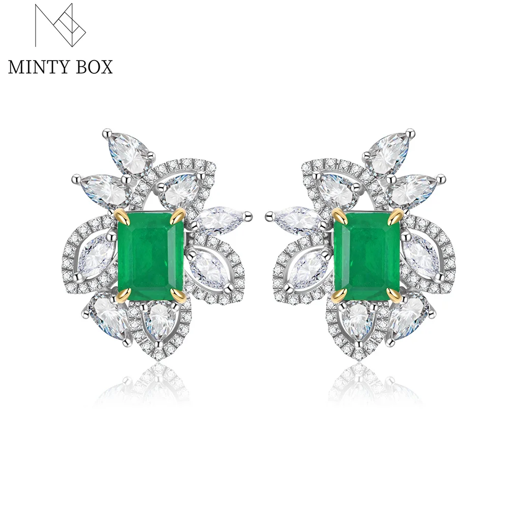 Mintybox Emerald High Carbon Diamond Earrings 925 Sterling Silver For Women Noble Wedding Party Fashion Gifts Fine Jewelry