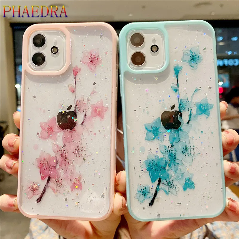 

Glitter Flower Matte Transparent Phone Case For iPhone 12 Mini 11 Pro Max XR XS X 7 8 Plus 2020 SE Shockproof Back Cover Coque