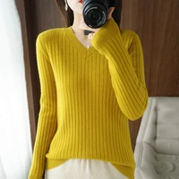 autumn and winter new ladies 100 pure wool v neck solid color womens pullover slim stretch drawstring rest knit bottoming shirt