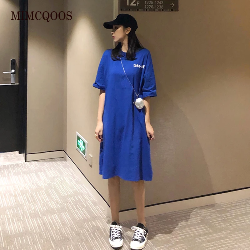 Женское Хлопковое платье футболка повседневное свободное однотонное в стиле