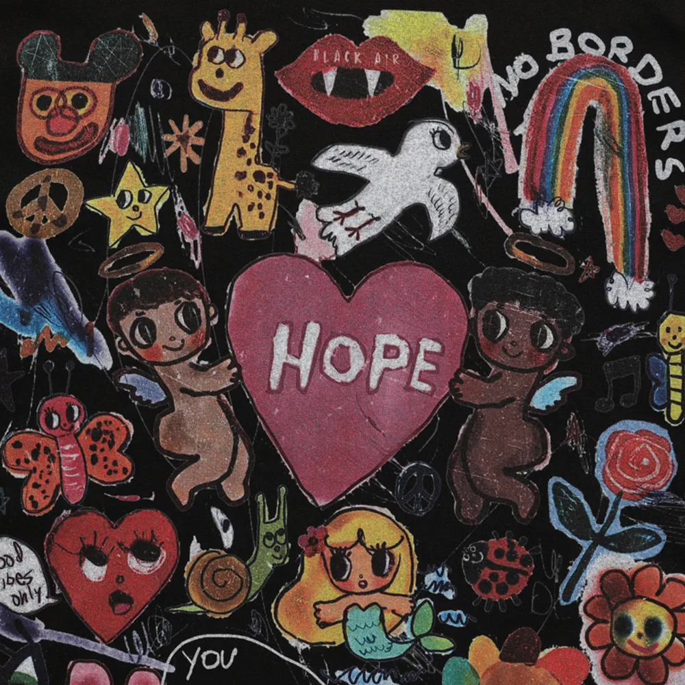 

Sweatshirt Men Cartoon Animals Angel Rainbow Painting Print Pullover Autumn Ripped Distressed Hoodie Harajuku Hip Hop Streetwear