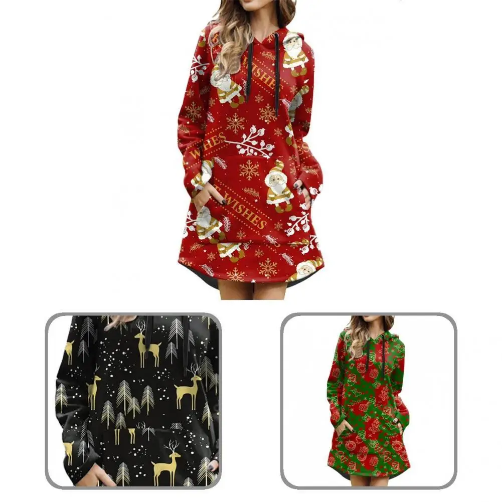 

Warm Beautiful Snowflake Deer Print Hoodie Dress All-Match Xmas Dress Long Sleeve Festival Clothing
