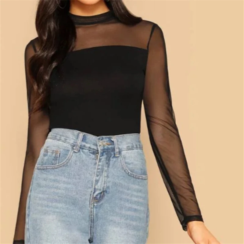 Летний сетчатый топ с длинным рукавом женская футболка 2020 уличная одежда женские