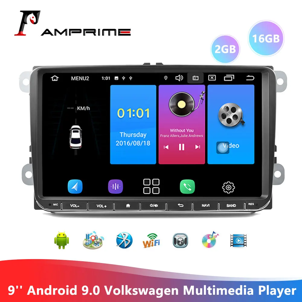 AMPrime Android 9,0 автомобильный радиоприемник стерео 9 ''емкостный сенсорный экран gps wifi Bluetooth 2G+ 16G память Авторадио для Passat Golf MK5