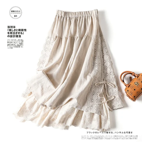 Пояс из льна с подкладкой и вышивкой в японском стиле Mori Girl, трапециевидная юбка средней длины с эластичным поясом, юбка с подкладом