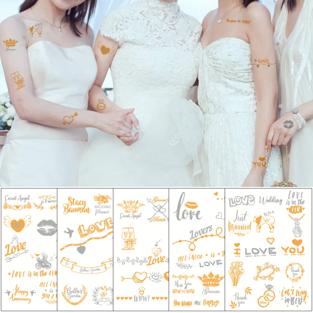 Тату наклейка для свадебного торжества одноцветная металлик золото