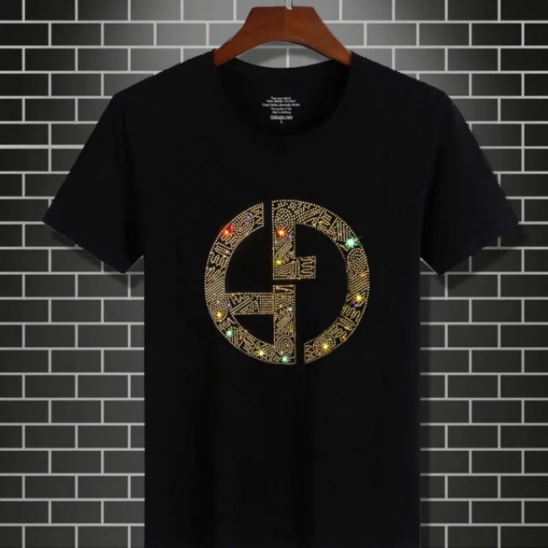 

100% cotton hot drilling short sleeve men's T-shirt trend Euro American summer spirit guy slim personality big fat T-shirt