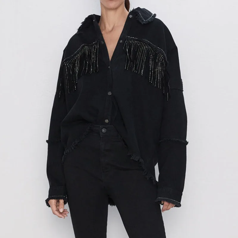 

2021 Fashion Tassel Denim Coat Jackets Vintage Patchwork Casual Slim Outwear High Street Female Short Clothes 2021 Spring Autumn