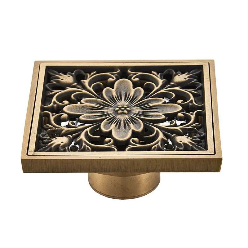 

Antique Brass Floor Drains 10cm Shower Floor Drain Bathroom Deodorant Square Waste Drain Strainer Cover Grate