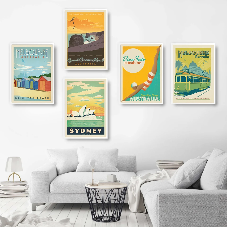 Дорожные плакаты известного города Сидней Австралия мультяшный пейзаж холст