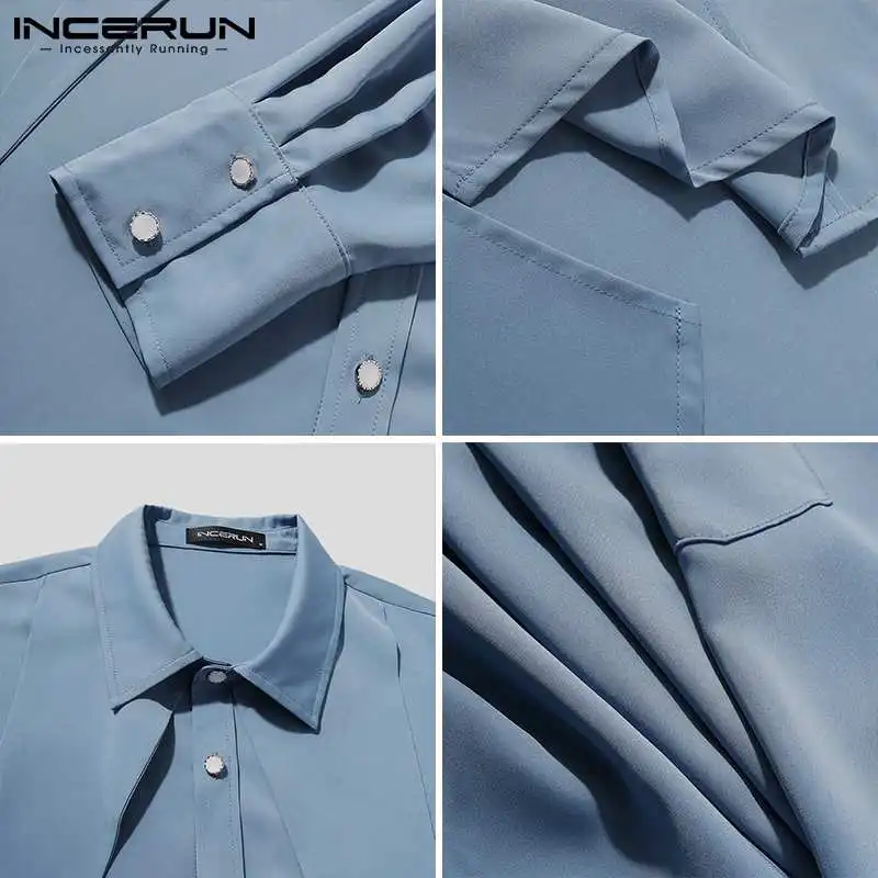 

INCERUN Solid Color Men Casual Shirt Turn Down Collar 2021 Button Personality Long Sleeve Fashion Blouse Streetwear Camisa S-5XL