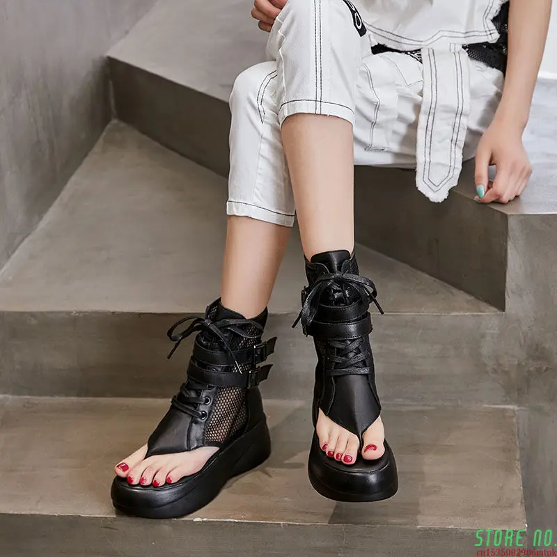 

2021 Fashion Ladies Sandals Hollow-Out Gladiator Sandals Women Flat Shoes Open Toe Genuine Leather Summer Cool Boots