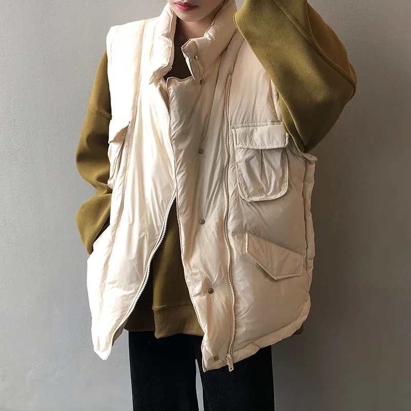 

Winter 2021 Women's Vest White Duck Down Sleeveless Stand-Up Collar Loose Jacket Waistcoat Puffer Warm Female Coat