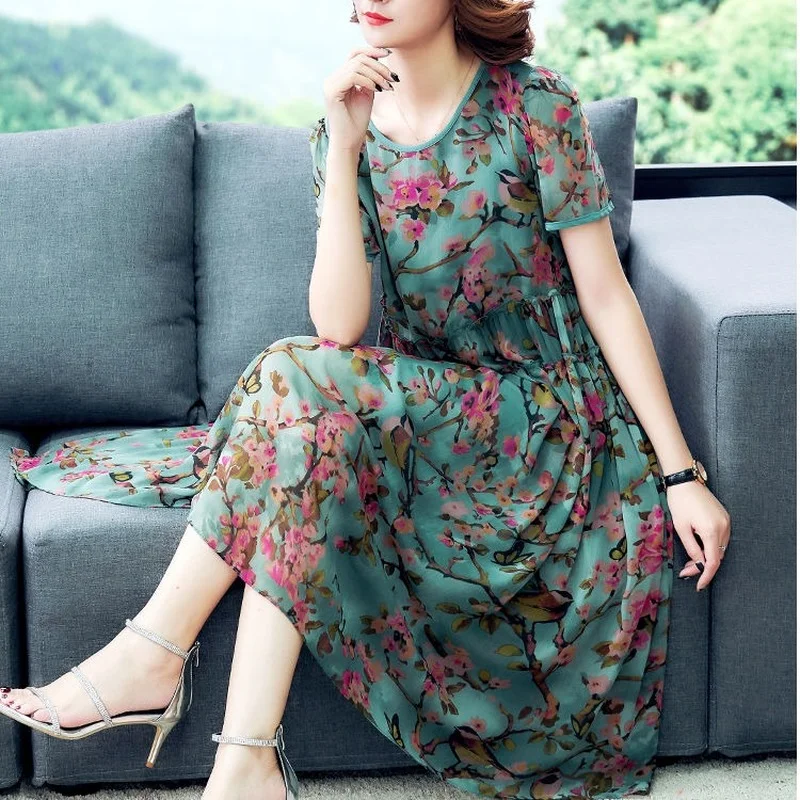 

2021 Summer High Quality Mulberry Silk Dress Fashion Vintage Print 4XL Plus Size Midi Dresses Elegant Women Bodycon Vestido Y999