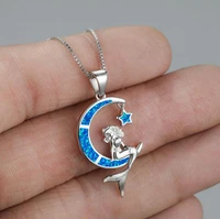 cute women blue imitation opal pendant necklace wedding accessories jewelry fashion mermaid star moon pendant necklace for women
