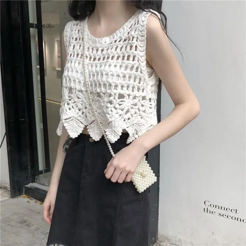 

Summer Women Vintage Solid Knitted Tanks Tops Design Fashion Daily Tank Hollow Out Popular Female Clothes White Temperament Chic