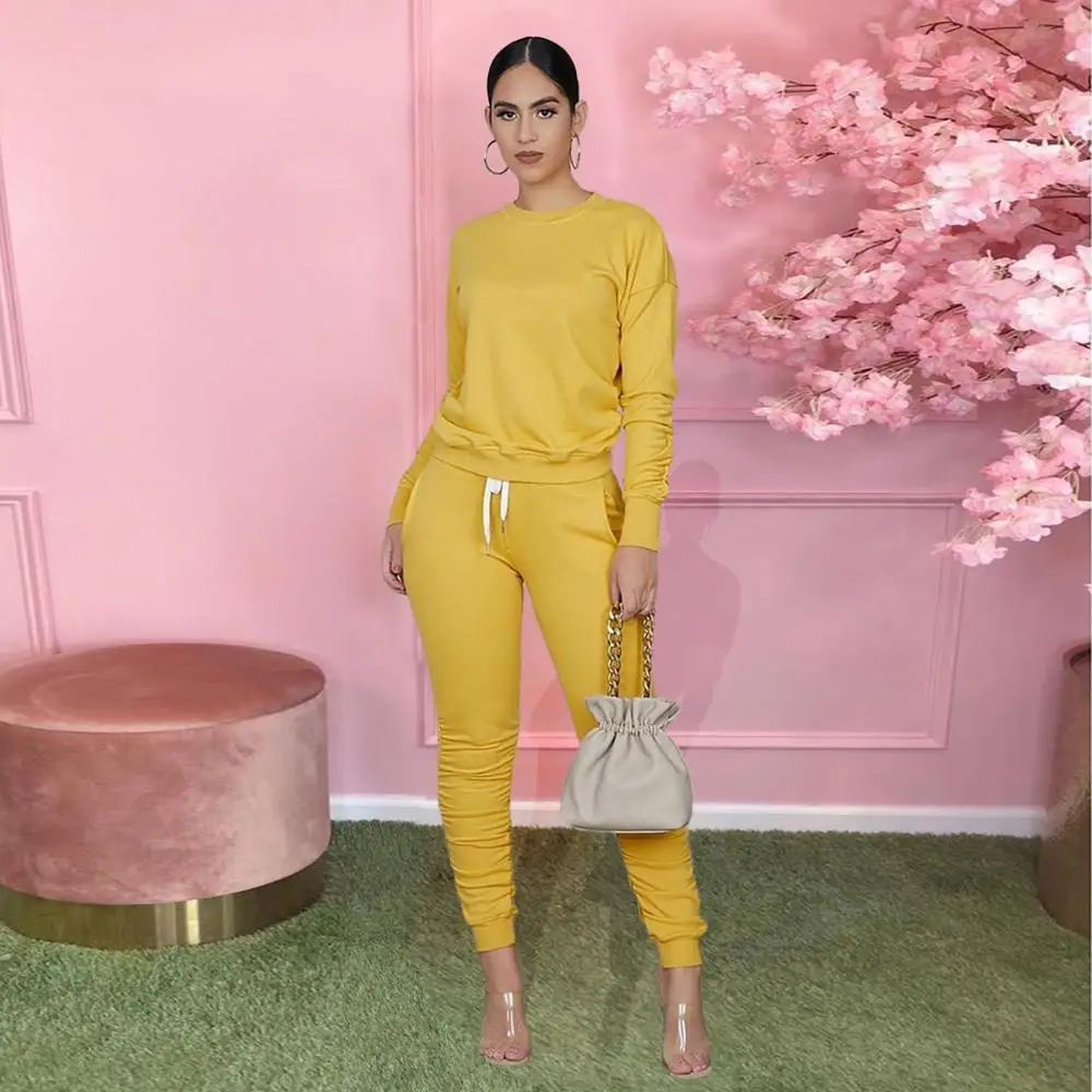 Осень 2020 однотонный спортивный костюм женский Топ с длинным рукавом и