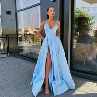 light sky blue long prom dress v neck spaghetti straps 2019 simple satin women prom gown high slit sexy special occasion dresses