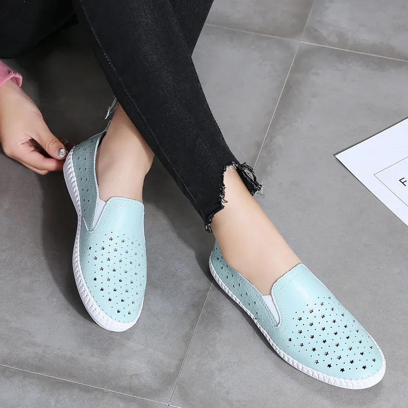 

Women Flat Shoes Casual Summer White Comfortable Hole Slip on Footwear Breathable Leather Women Loafers Shoes mocasines de mujer