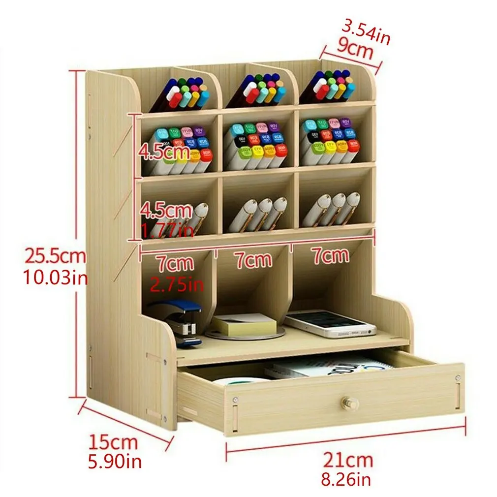 

Wooden Desk Organizer Multi-Functional DIY Pen Holder Box Desktop Stationary Home Office Supply Storage Rack