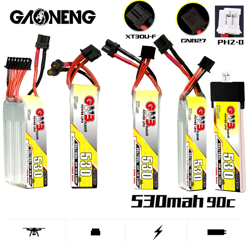 2 шт. GNB 1S 2S 3S 4S 6S Max 180C HV LiPo батарея 530 мАч PH2.0/XT30U-F разъем для радиоуправляемого вертолета квадрокоптера FPV гоночных дронов