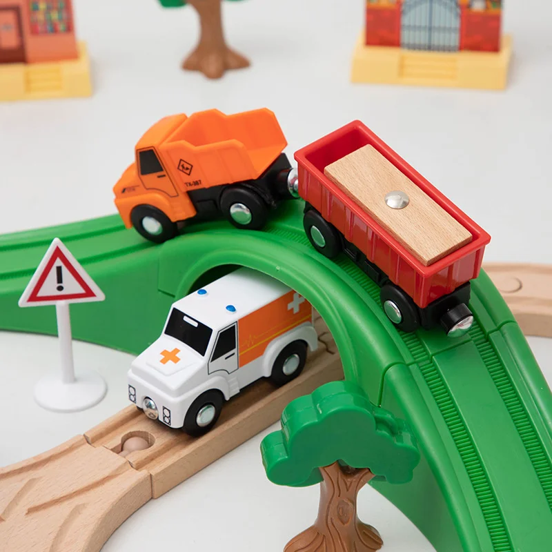 Wooden Train Track Highway Roundabout Set Railway Electric Magnetic Toy Fit For All Brand Wood Tracks Toys Boys | Игрушки и хобби