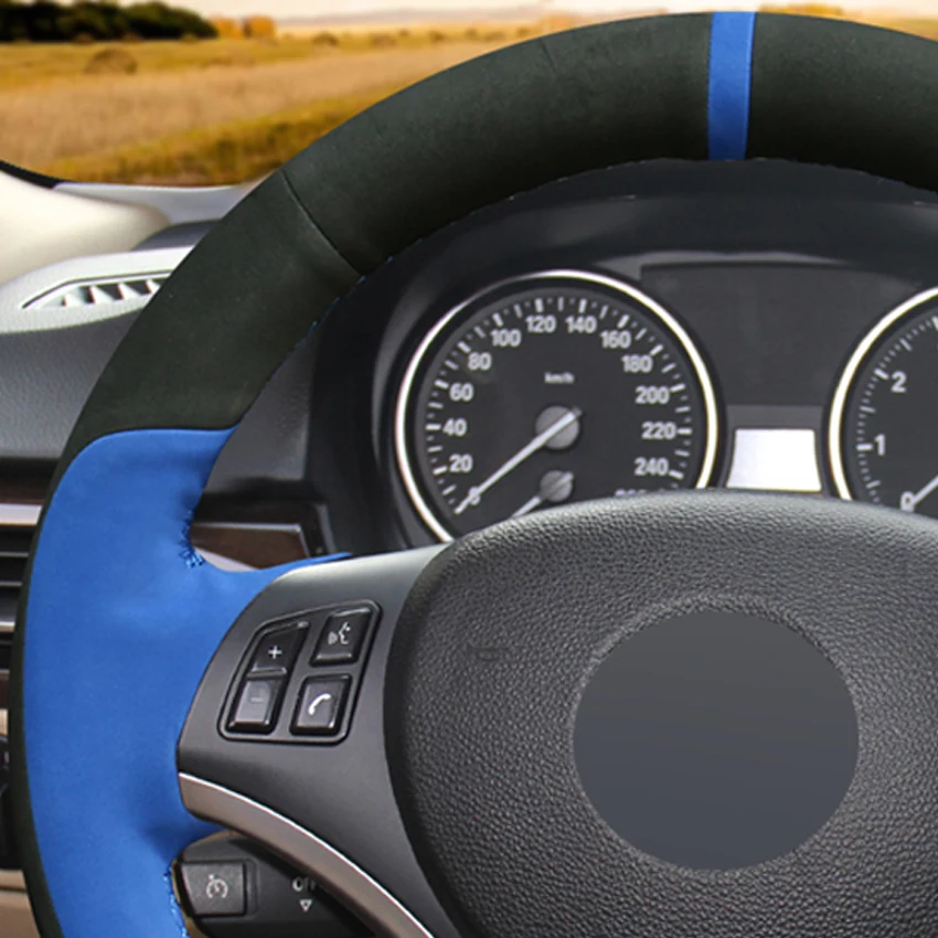 

LQTENLEO Black Blue Suede DIY Car Steering Wheel Cover For BMW M Sport 3 Series E91 320i 325i 330i 335i M3 E90 E92 E93