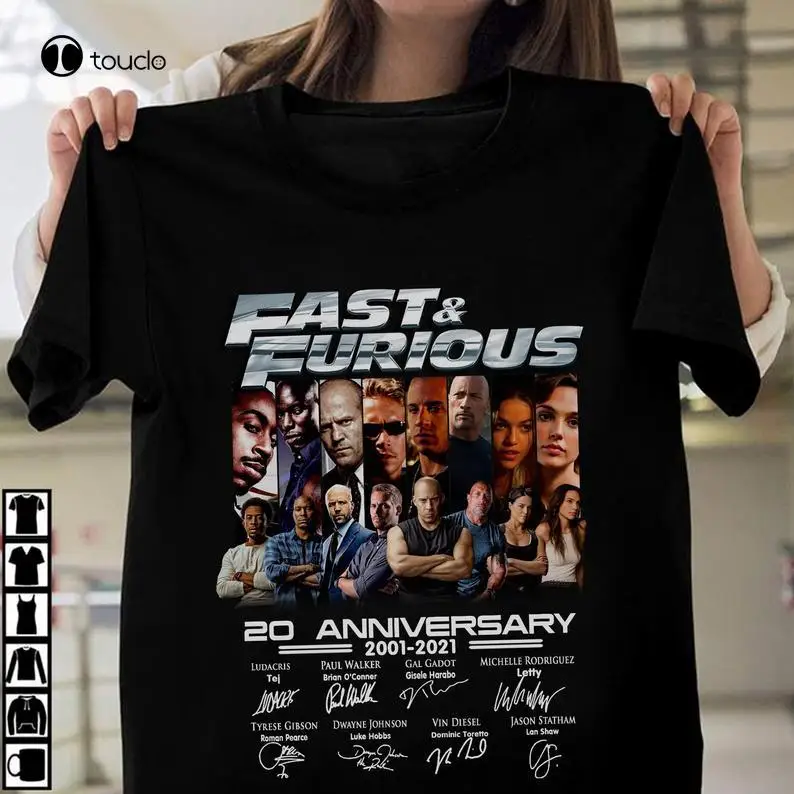

Fast And Furious Movie Characters With 20Th Anniversary 2001 2021 Signatures T-Shirt, Fast And Furious T-Shirt