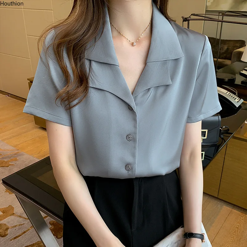 

Chiffon Slim Women's Blouses New Casual Blouse Fashion Short Sleeve Top Solid Color Buttons V-neck Shirt Summer 30023