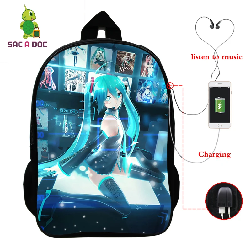 Многофункциональный рюкзак VOCALOID Hatsune Miku, зарядка через usb, разъем для наушников, для ноутбука, для подростков, мальчиков, девочек, школьные рюкзаки для косплея