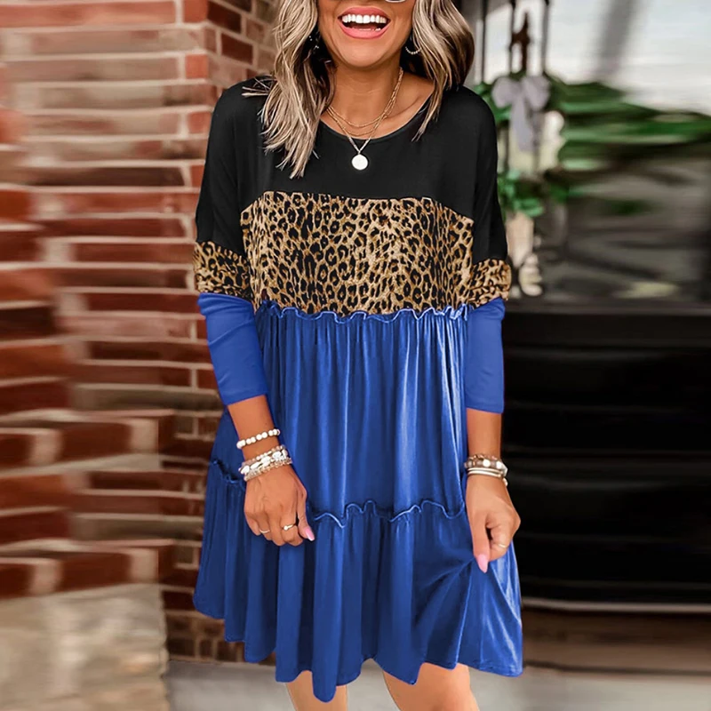 

Женское платье оверсайз в стиле пэчворк с длинным рукавом и круглым вырезом